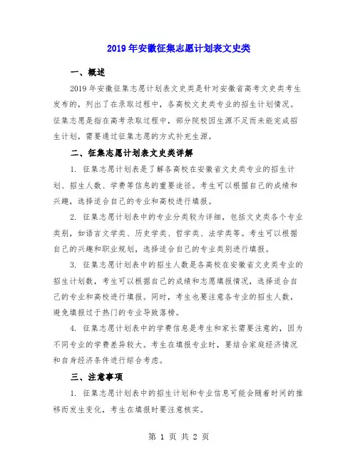 2019年安徽征集志愿计划表文史类