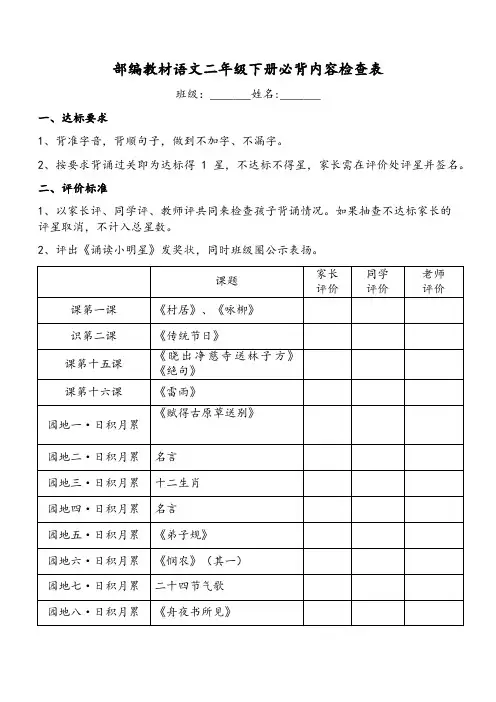 最新部编人教版教材语文二年级下册必背内容复习检查表