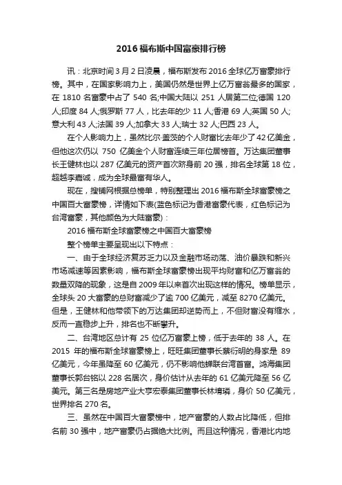2016福布斯中国富豪排行榜