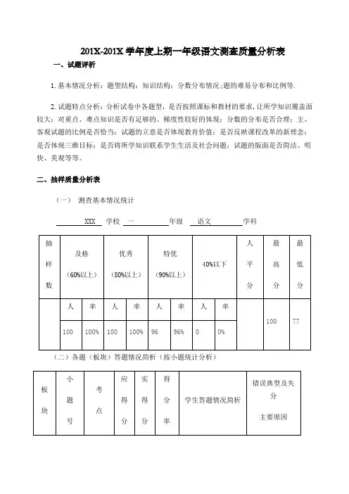 小学一年级上期语文期末考试质量分析报告