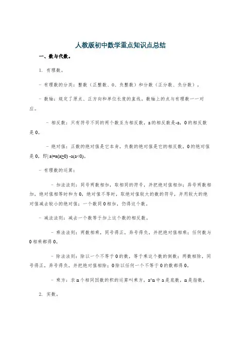 人教版初中数学重点知识点总结