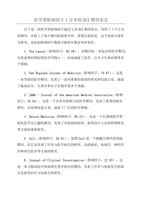医学类影响因子1分多的SCI期刊杂志
