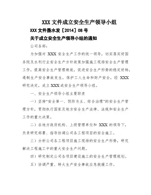 XXX文件成立安全生产领导小组