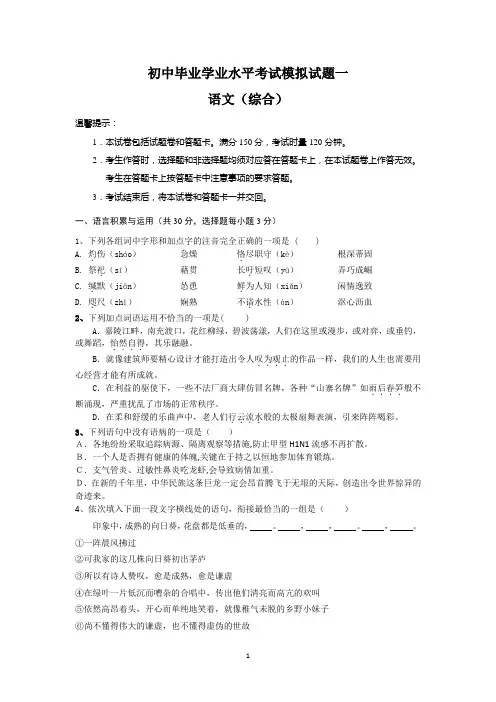 语文初中毕业学业水平考试模拟试题一