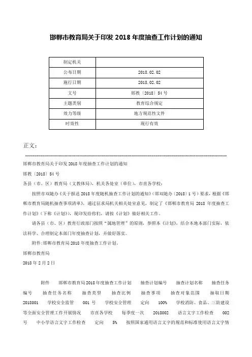 邯郸市教育局关于印发2018年度抽查工作计划的通知-邯教〔2018〕54号