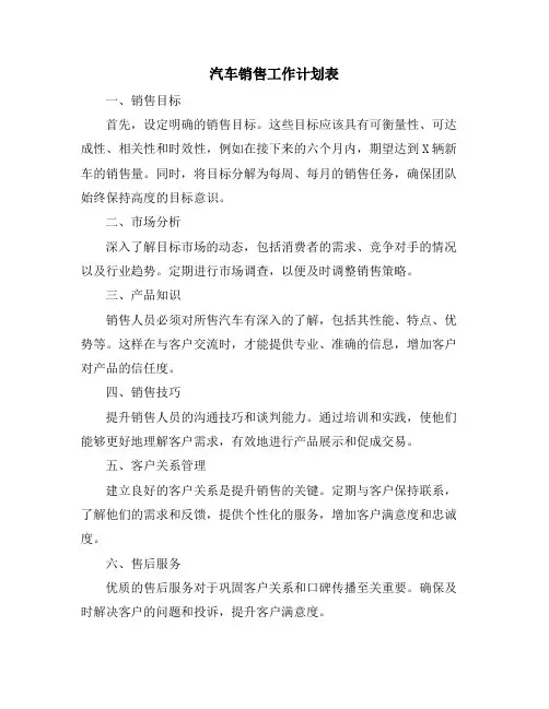 汽车销售工作计划表