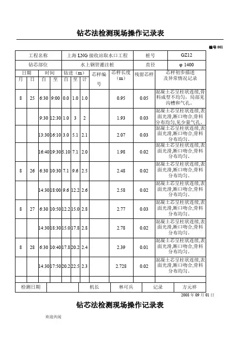 钻芯法检测现场操作记录表