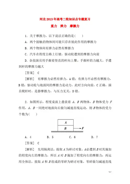 (新课标卷)河北省 高三物理二轮 知识点专题复习 重力 弹力 摩擦力(含解析)