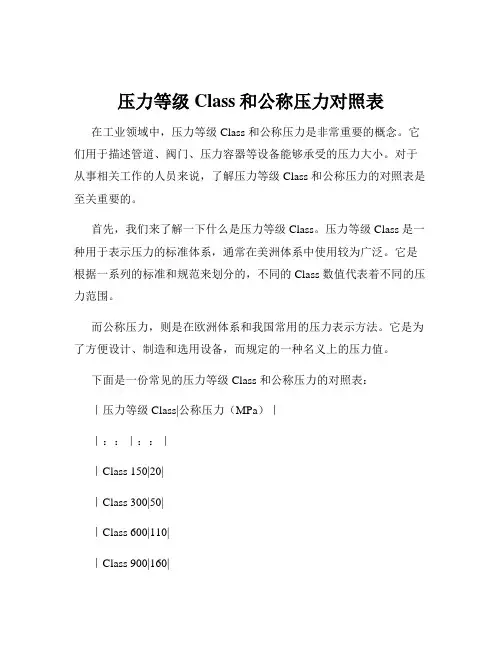 压力等级Class和公称压力对照表