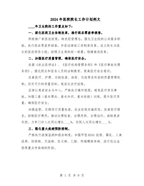 2024年医院院长工作计划例文(五篇)