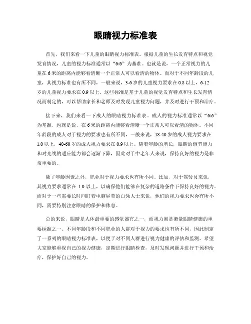 眼睛视力标准表