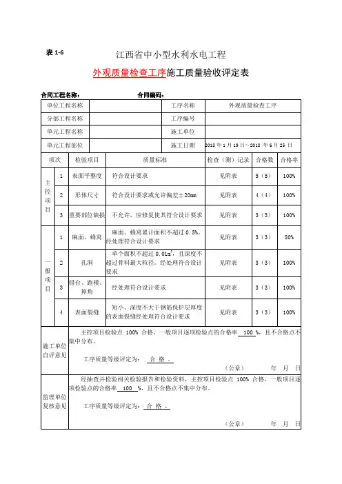 水利水电外观质量检查工序施工质量验收评定表