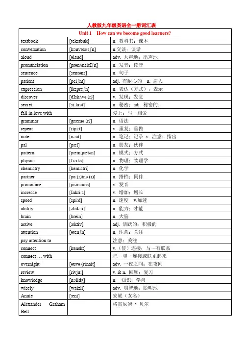 人教版九年级全册英语单词词汇表