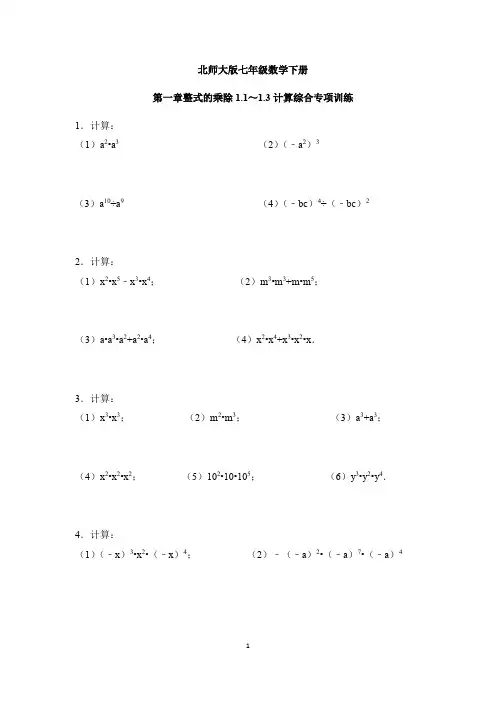 北师大版七年级数学下册 第一章 整式的乘除 1.1～1.3 计算综合专项训练（word版含答案）