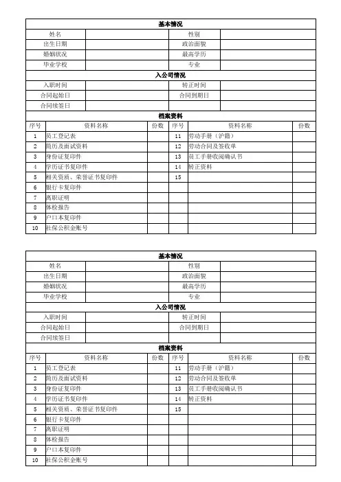 人事档案封面资料表