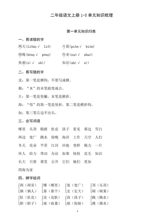 二年级语文上册：1~8单元《基础知识梳理》