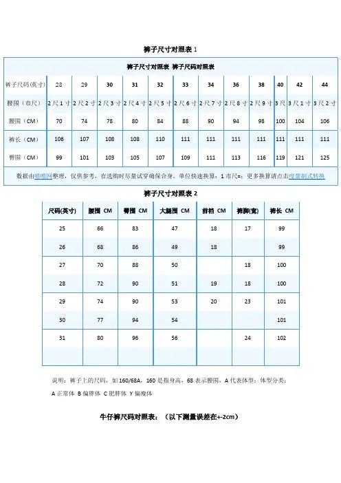 牛仔裤尺码对照表