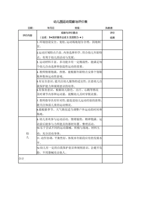 幼儿园户外运动观察与评价表