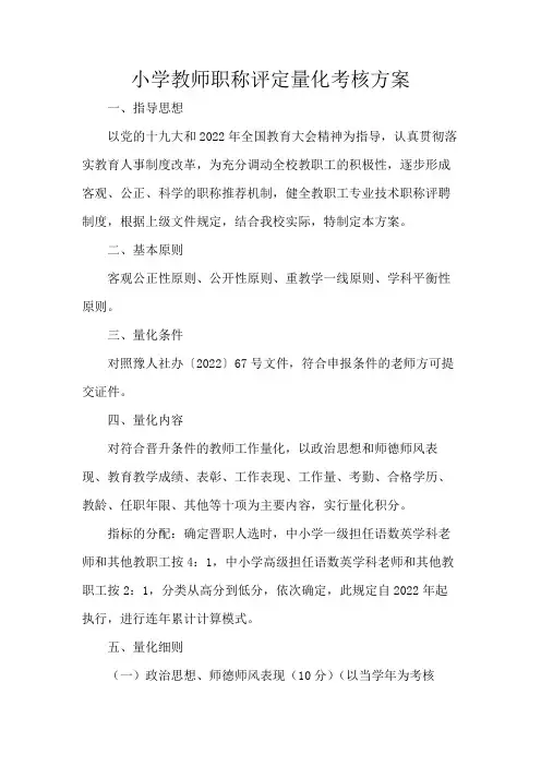 小学教师职称评定量化考核方案