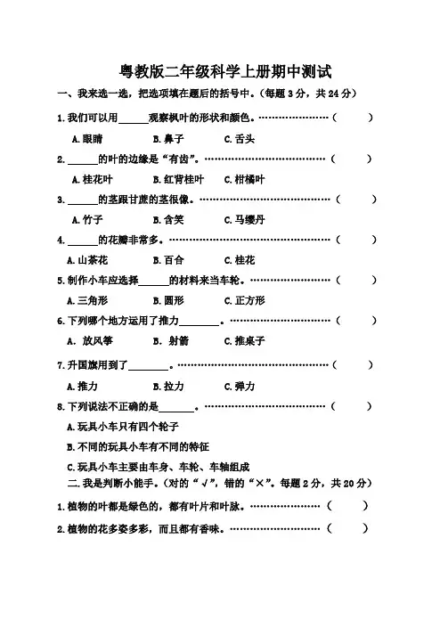 粤教版二年级科学上册期中测试