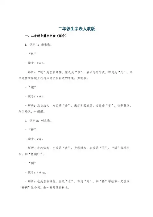 二年级生字表人教版