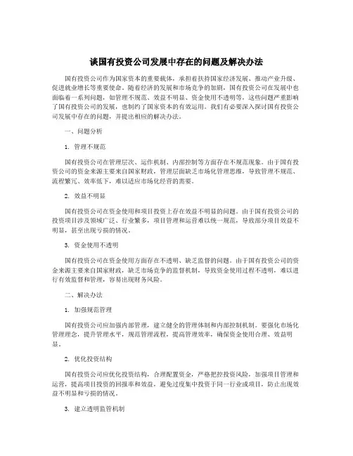 谈国有投资公司发展中存在的问题及解决办法