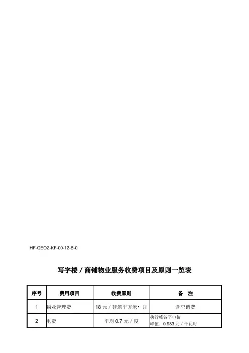 写楼商铺物业服务收费项目及标准一览表