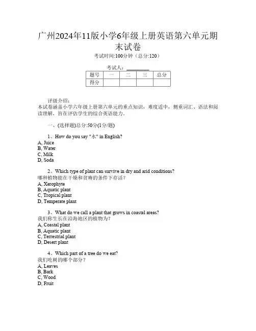 广州2024年11版小学6年级上册B卷英语第六单元期末试卷