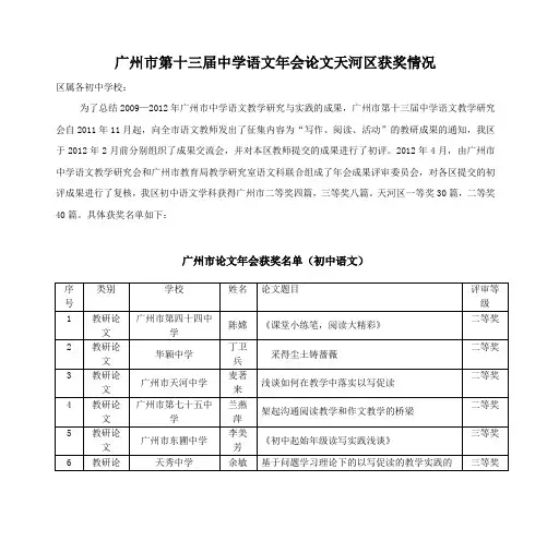 广州市第十三届中学语文年会论文天河区获奖情况
