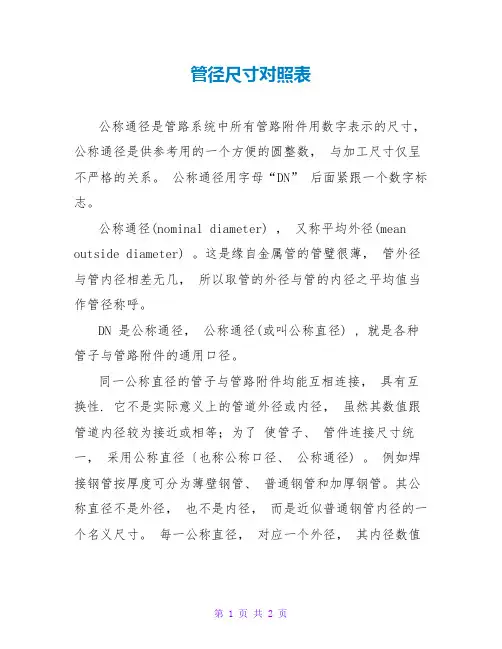 管径尺寸对照表