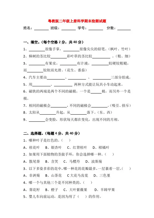 粤教版二年级上册科学期末检测试题1