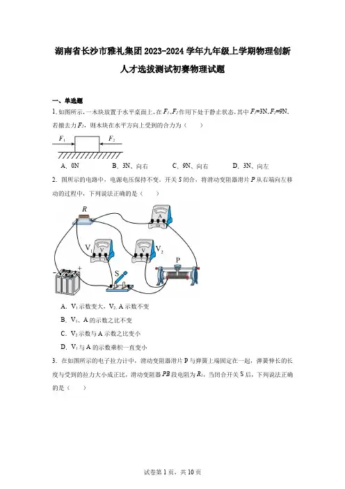 湖南省长沙市雅礼集团2023-2024学年九年级上学期物理创新人才选拔测试初赛物理试题