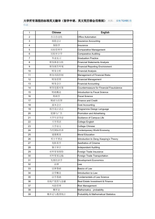 大学所有课程的标准英文翻译