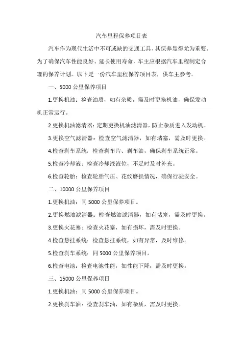 汽车里程保养项目表