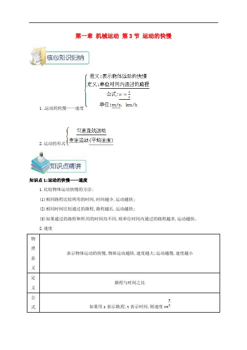 新人教版物理八上第1章第3节运动的快慢 知识点考点汇总