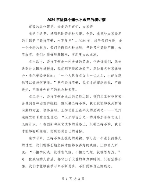 2024年坚持不懈永不放弃的演讲稿