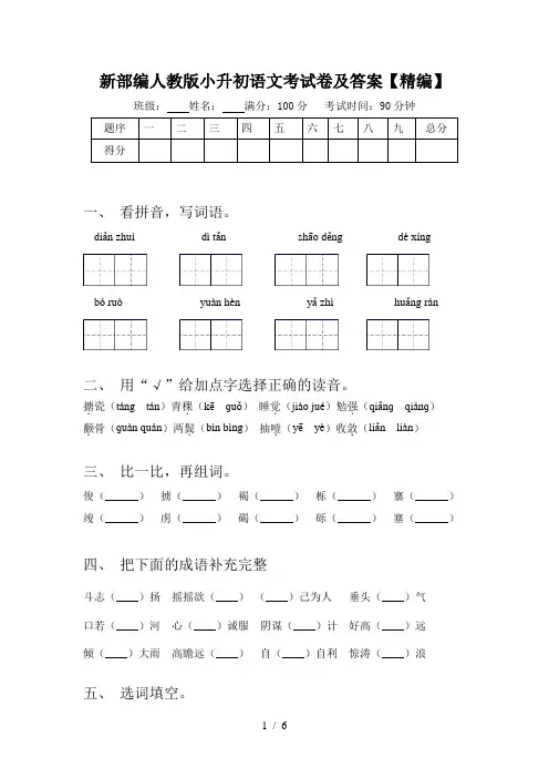 新部编人教版小升初语文考试卷及答案【精编】