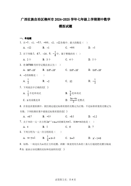 广西壮族自治区柳州市2024-2025学年七年级上学期期中数学模拟试题