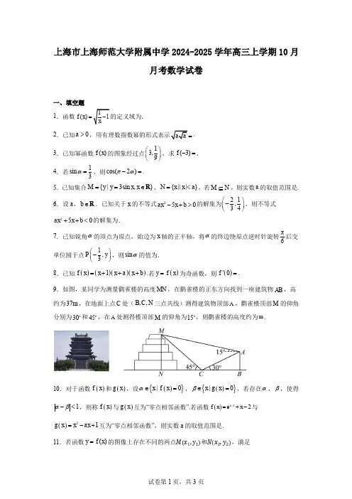 上海市上海师范大学附属中学2024-2025学年高三上学期10月月考数学试卷