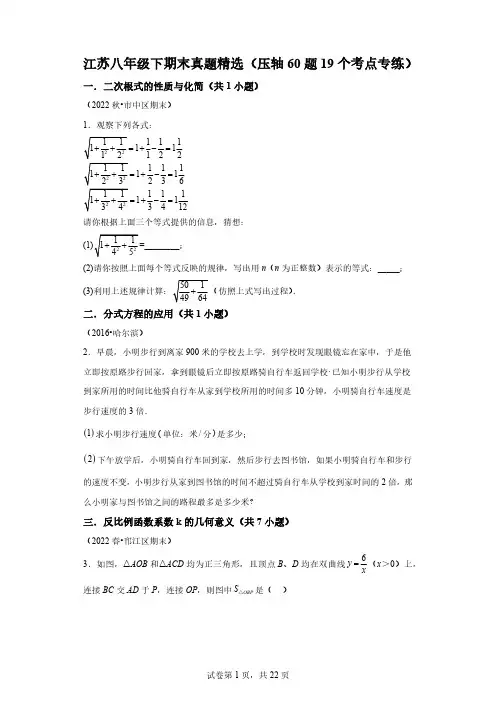 江苏八年级下期末真题精选(压轴60题19个考点专练)～【满分全攻略】2022～2023
