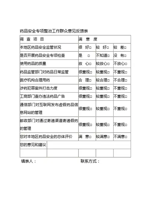 药品安全专项整治工作群众意见反馈表