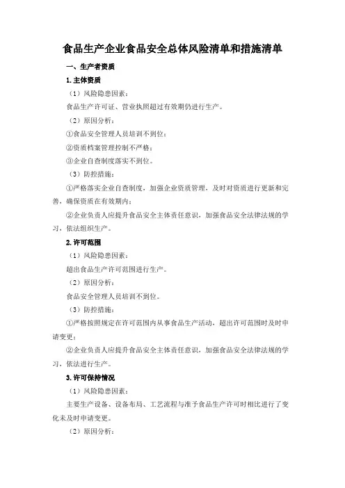 食品生产企业食品安全总体风险清单和措施清单