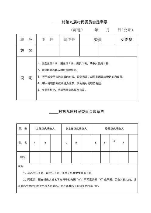 村民委员会成员选票样式