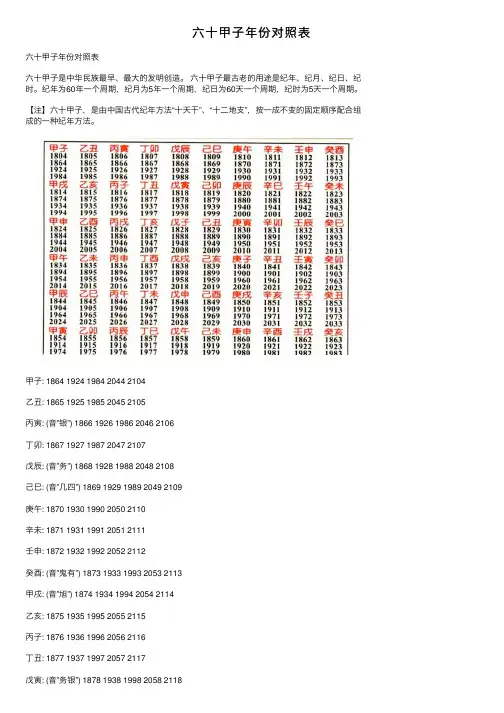 六十甲子年份对照表