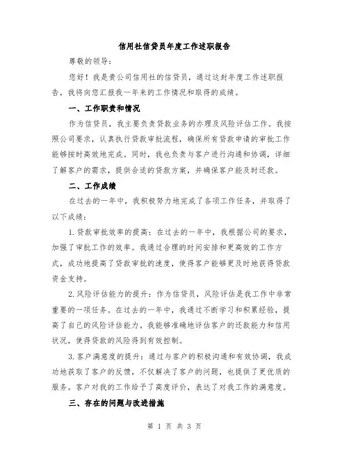 信用社信贷员年度工作述职报告