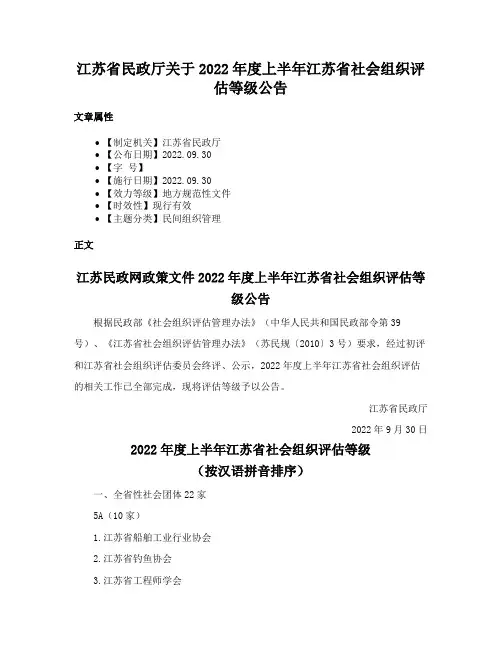 江苏省民政厅关于2022年度上半年江苏省社会组织评估等级公告