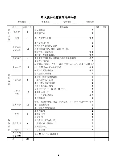 单人徒手心肺复苏评分标准