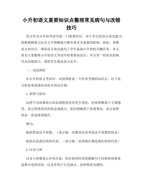 小升初语文重要知识点整理常见病句与改错技巧