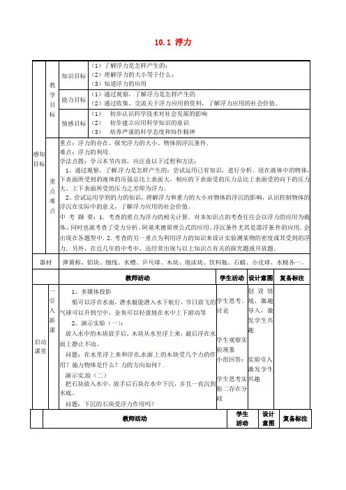 (新人教版)初中物理八年级物理下册10.1浮力教案2word文档可编辑