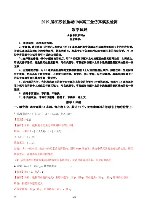 2019届江苏省盐城中学高三全仿真模拟检测数学(文)试题(解析版)